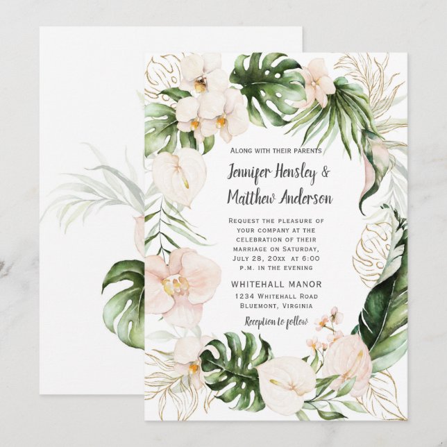 Invitación Boda de Wreath de Rubor Pink Gold Tropical Greener (Anverso / Reverso)