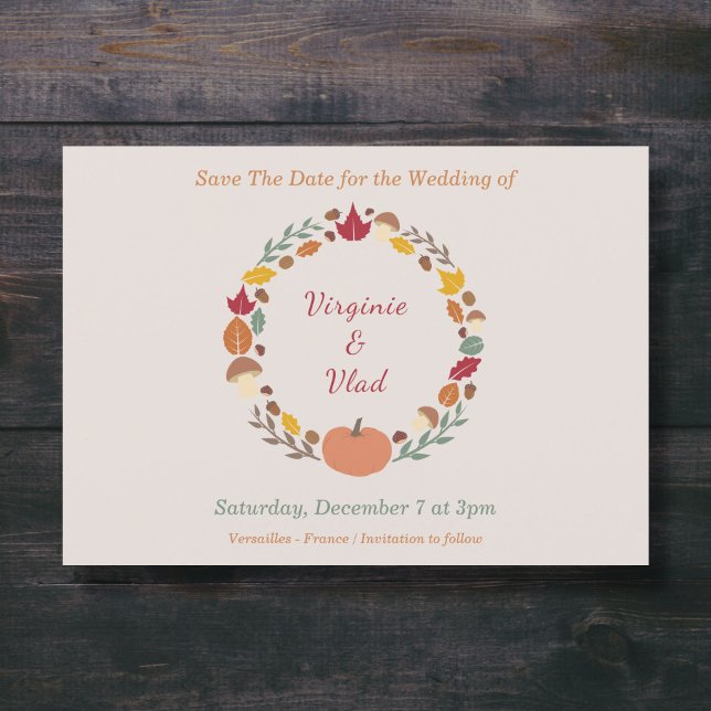 Invitación Boda de Wreath & Fall Guardar la fecha (Wreath & Fall Wedding Save The Date Invitation - Front)