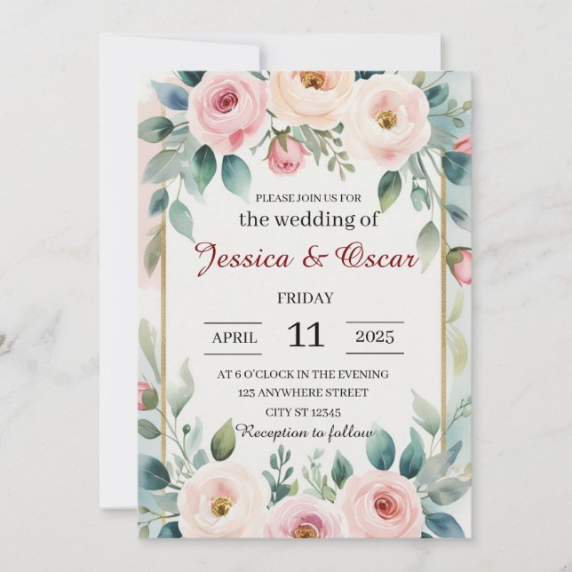 Invitación Boda de Wreath floral de acuarela romántica (Anverso)