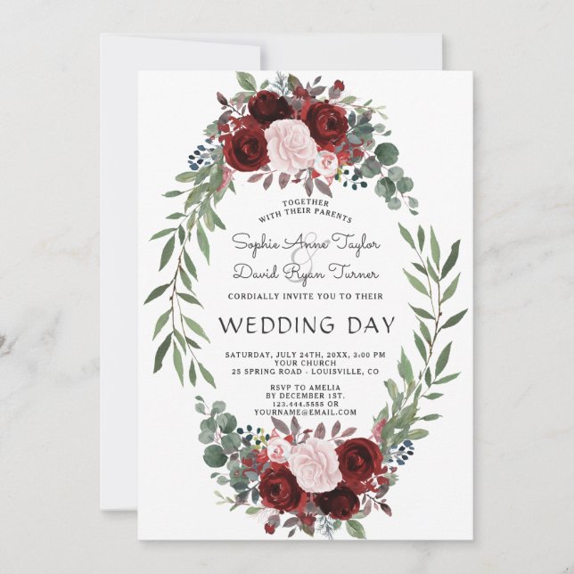 Invitación Boda de Wreath floral de Fall Burgundy Marsala (Anverso)