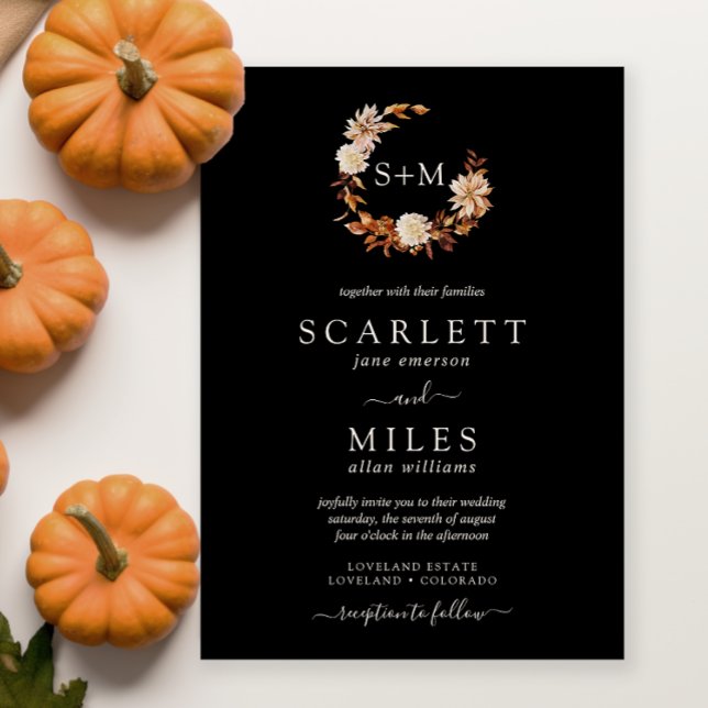 Invitación Boda de Wreath monograma de Terracota de otoño neg (Black Fall Terracotta Monogram Wreath Wedding Invitation
)