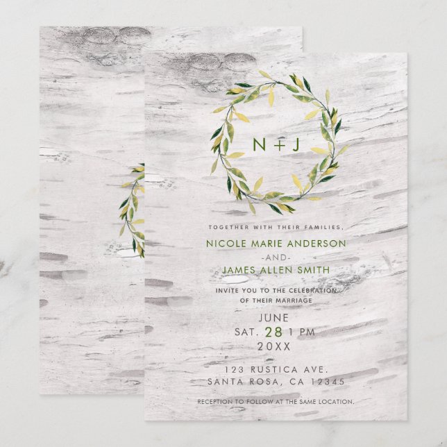 Invitación Boda de Wreath Rústico de la Madera Blanca (Anverso / Reverso)