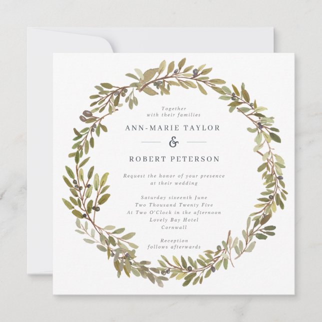 Invitación Boda de Wreath Square de hojas de olivo rusas (Anverso)