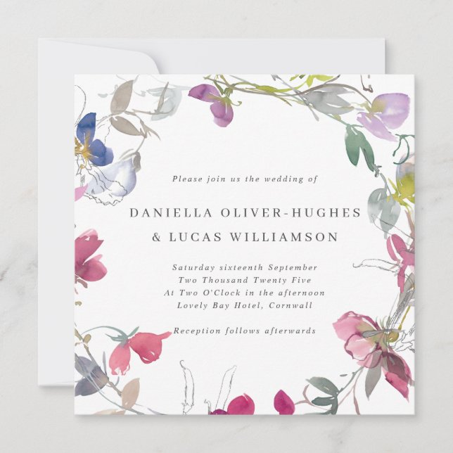 Invitación Boda de Wreath Square Púrpura y Dulce Rosa (Anverso)