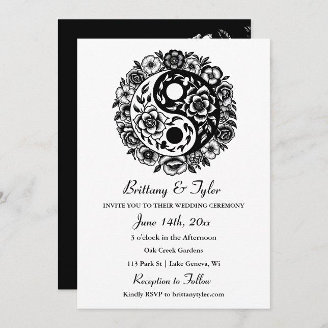 Invitación Boda de Yin Yang floral blanca y negra (Anverso / Reverso)