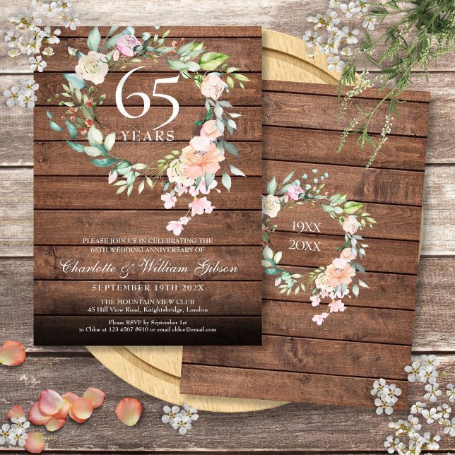 Invitación Boda de zafiro Aniversario floral de madera rústic (Rustic Wood 45th 65th Wedding Anniversary Floral Invitation)