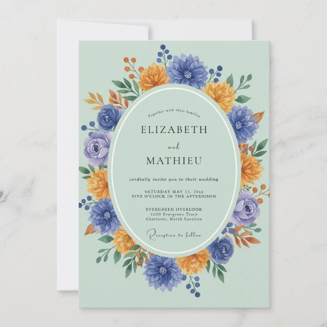 Invitación Boda de Zinnia Eucalipto Ámbar Periwinkle (Anverso)
