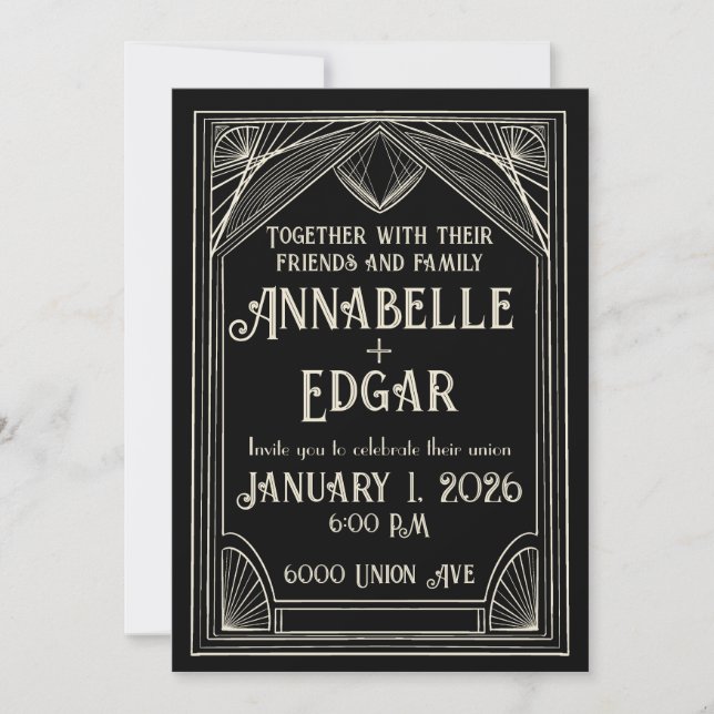 Invitación Boda Deco de Arte Negro e Marfil (Anverso)