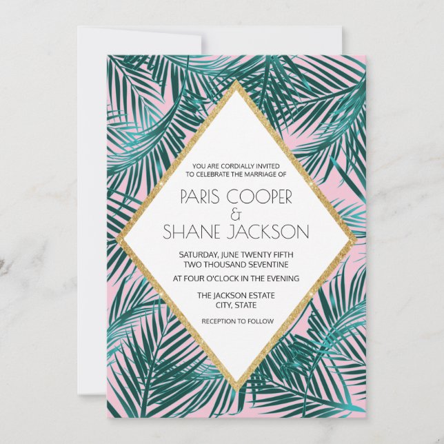 Invitación Boda Deco de palma rosa (Anverso)