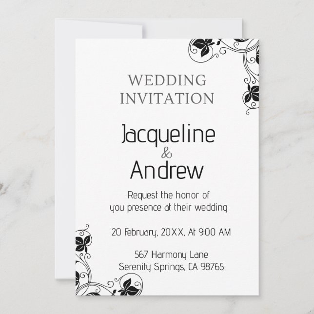 Invitación Boda decorado con flores negras y blancas (Anverso)