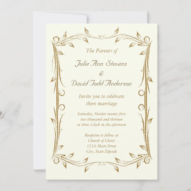 Invitación Boda decorativo de la frontera dorada de la antigü (Anverso)