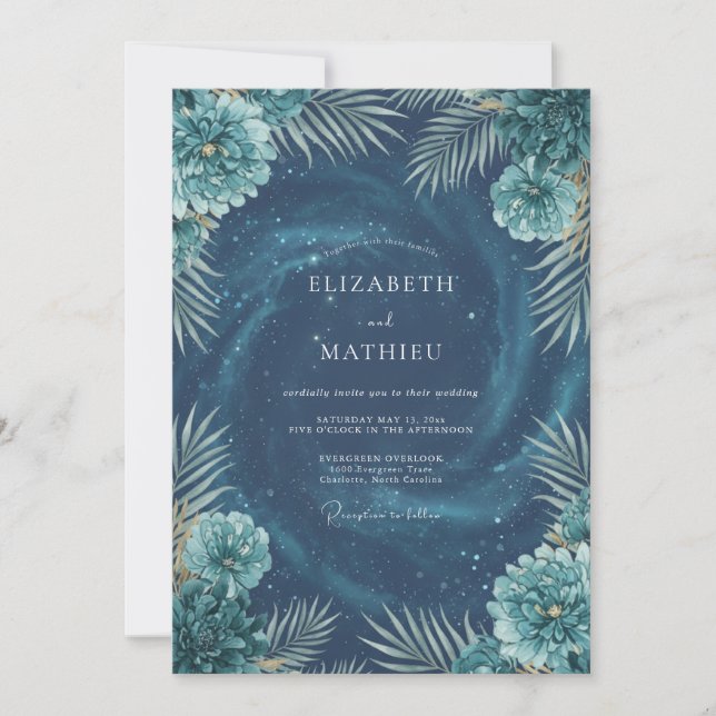 Invitación Boda Deep Aqua Cosmic Eucalipto (Anverso)