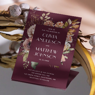 Invitación Boda Deep Merlot   Código QR Floral Burgundy Plum