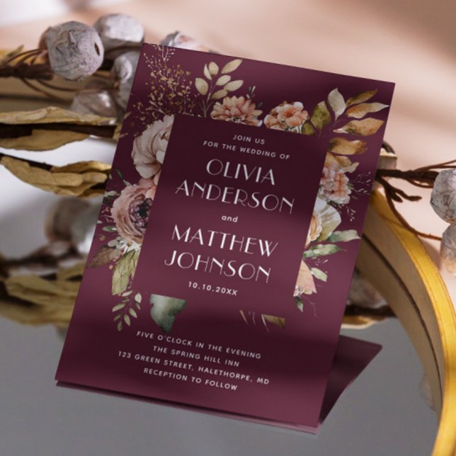 Invitación Boda Deep Merlot | Código QR Floral Burgundy Plum (Subido por el creador)