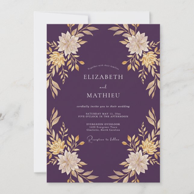 Invitación Boda Deep Purple Gold Leaf (Anverso)