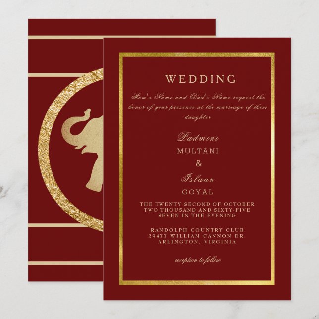 Invitación Boda Deep Red Regal Gold  (Anverso / Reverso)