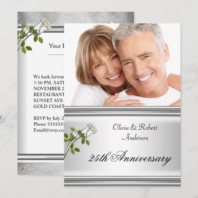 Invitación boda del 25° Aniversario de la Rosa Blanca Plata (Anverso / Reverso)