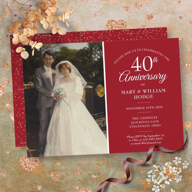 Invitación boda del 40° aniversario. Foto de Ruby Confetti (40th Anniversary Wedding Photo Ruby Confetti Invitation)