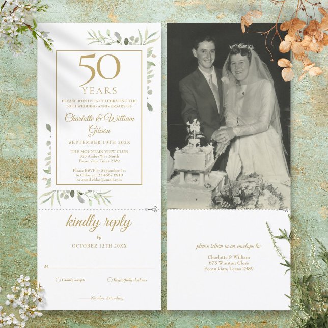 Invitación boda del 50° Aniversario de Oro Foliage RSVP (50th Golden Anniversary Wedding Photo Foliage RSVP Invitation)