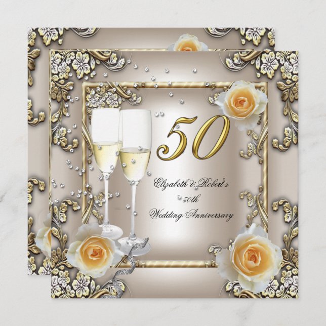 Invitación Boda del 50 Aniversario Rosa Dorada Crema Plata (Anverso / Reverso)