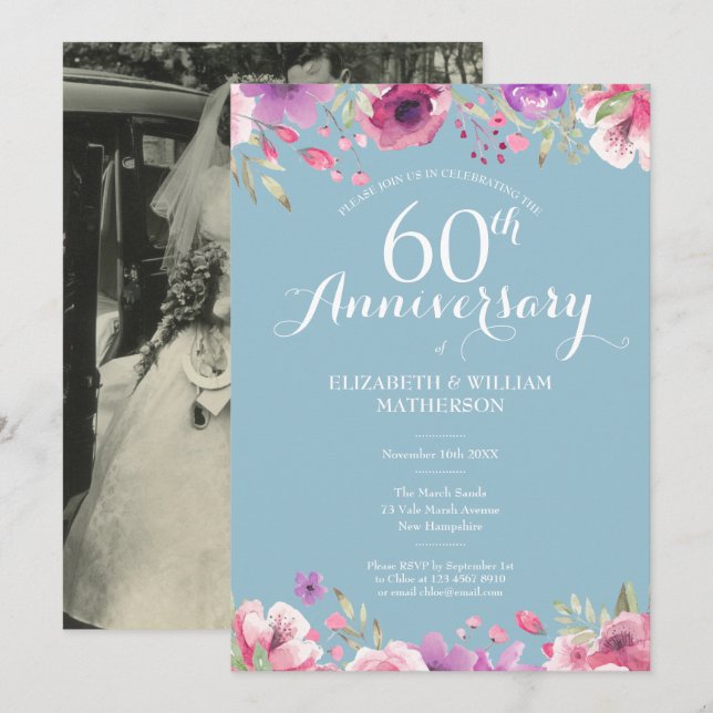 Invitación Boda del 60° aniversario del Diamante Foto Floral (Anverso / Reverso)