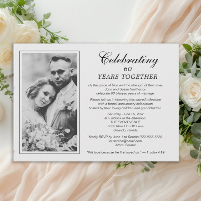 Invitación boda del 60° Aniversario Foto religiosa cristiana (60th wedding anniversary photo invitation with Christian/religious wording)