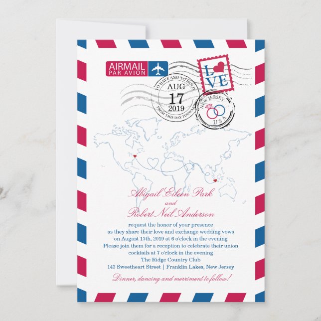 Invitación Boda del Airmail de Nueva Jersey e Indonesia (Anverso)