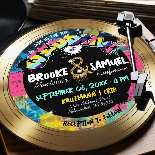 Invitación Boda del álbum de Hip Hop Photo Gold de Retro 80 (Fun unique colorful retro vintage 80's hip hop vinyl gold record round circle wedding invitation)