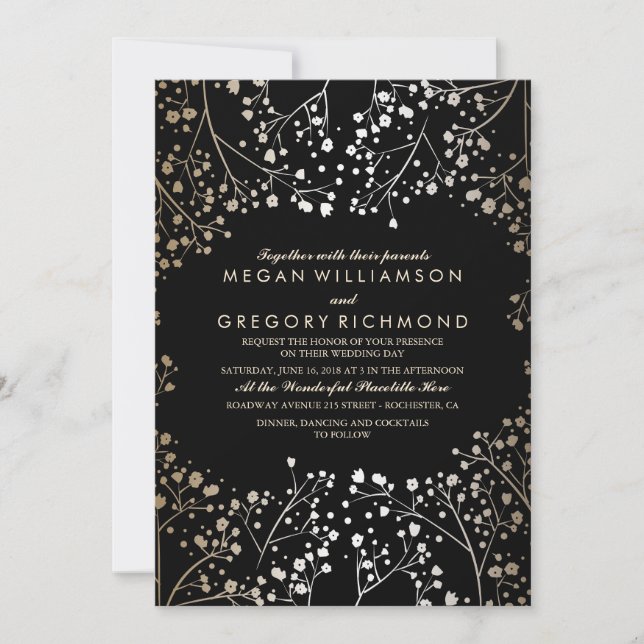 Invitación Boda del aliento del bebé dorado y negro (Anverso)