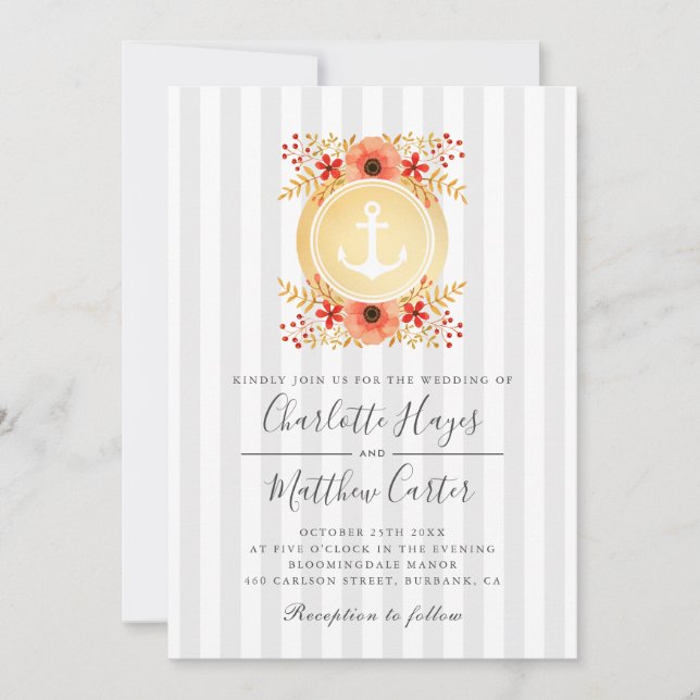 Invitación Boda del ancla de oro floral acuática náutica (Anverso)