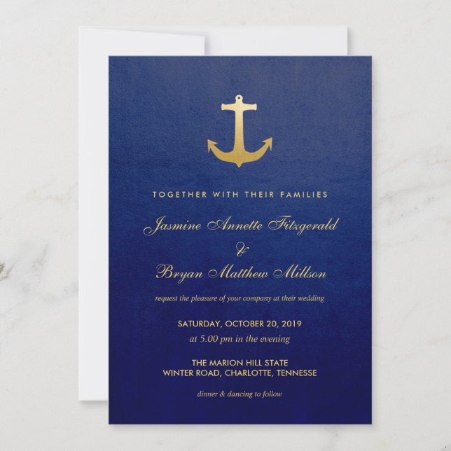 Invitación Boda del Ancla del Relieve metalizado dorado de Fa (Anverso)