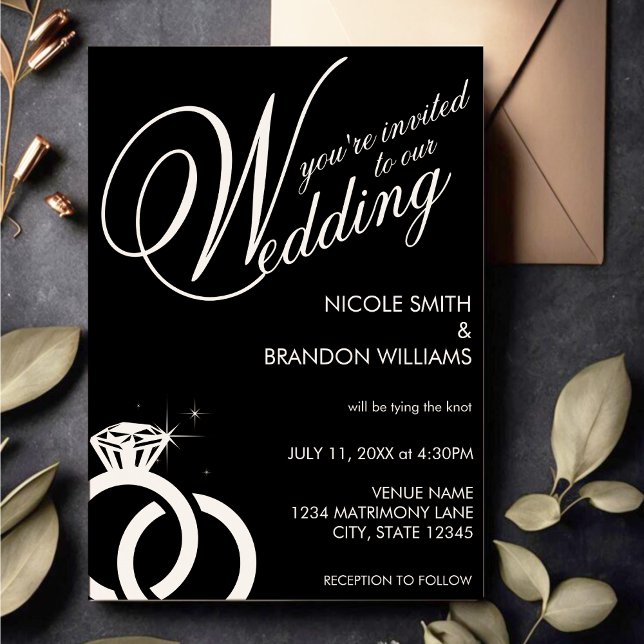 Invitación Boda del anillo de diamantes blanco y negro (White & Black Diamond Ring Wedding Invitation)