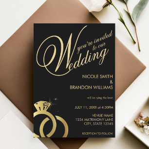 Invitación Boda del anillo de diamantes negro y dorado