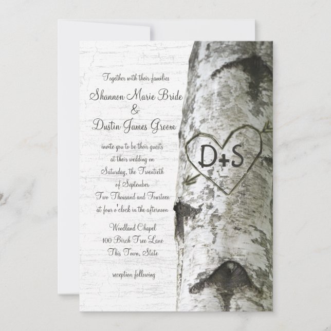 Invitación Boda del árbol de birch del corazón tallado (Anverso)