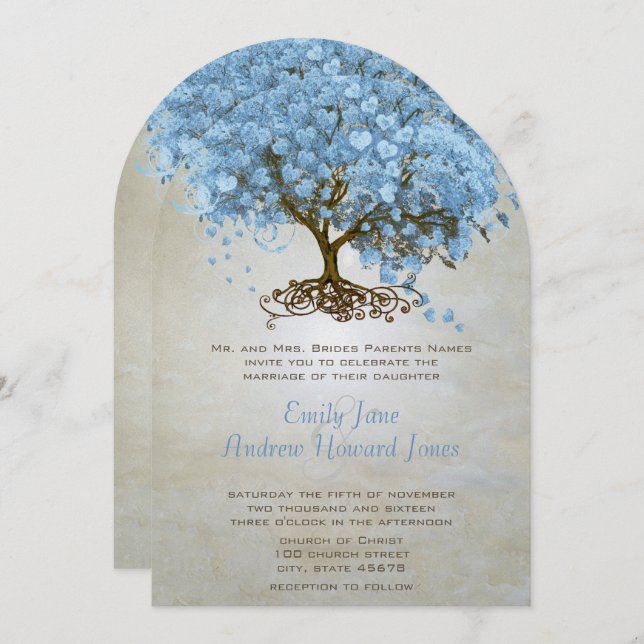 Invitación Boda del árbol de hoja azul claro en polvo (Anverso / Reverso)