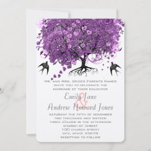 Invitación Boda del árbol de hoja de corazón púrpura radiante