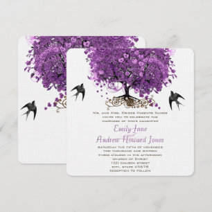Invitación Boda del árbol de hoja de corazón púrpura radiante