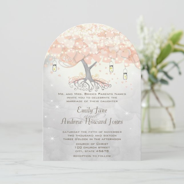 Invitación Boda del árbol de hoja de corazón rosa melocotón e (Anverso de pie)
