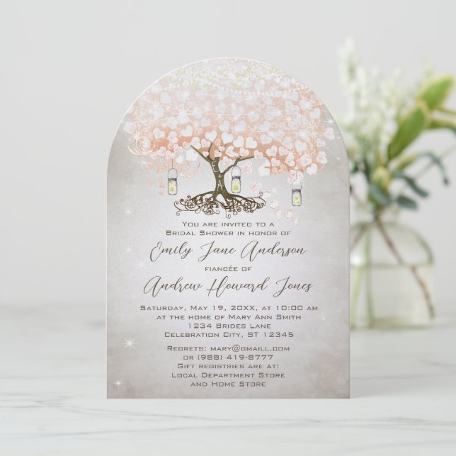 Invitación Boda del árbol de hoja de corazón rosa melocotón e (Anverso de pie)
