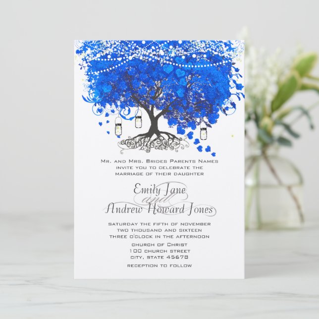 Invitación Boda del árbol de hoja en forma de corazón azul co (Anverso de pie)