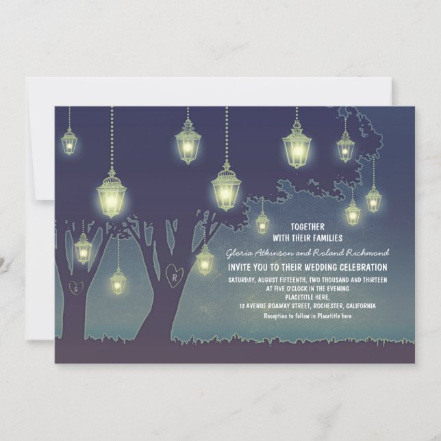 Invitación Boda del árbol de las luces de la linterna azul tu (Anverso)