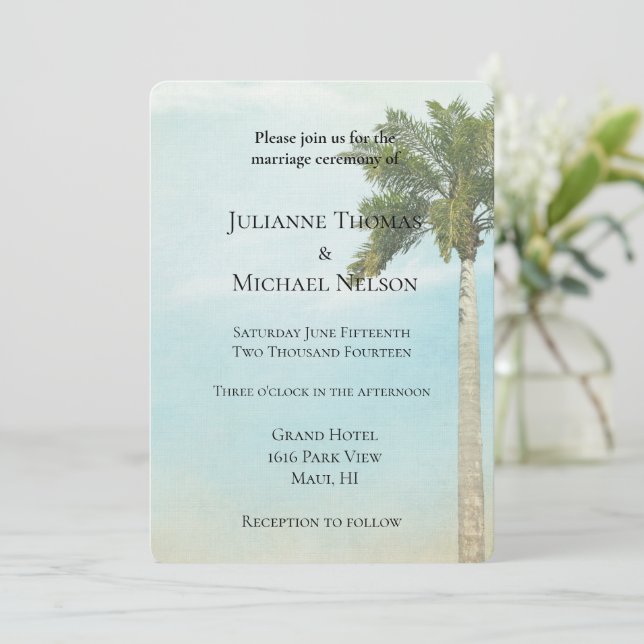 Invitación Boda del árbol de palmas tropical (Anverso de pie)