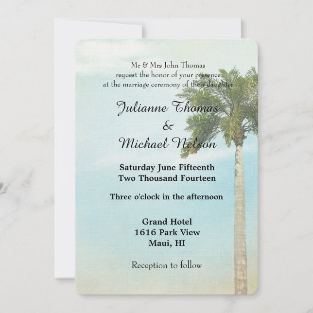 Invitación Boda del árbol de palmas tropical (Anverso)