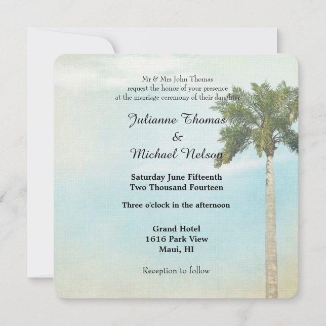 Invitación Boda del árbol de palmas tropical (Anverso)