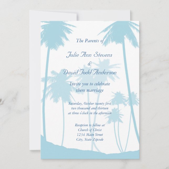 Invitación Boda del árbol de palmas tropical azul (Anverso)