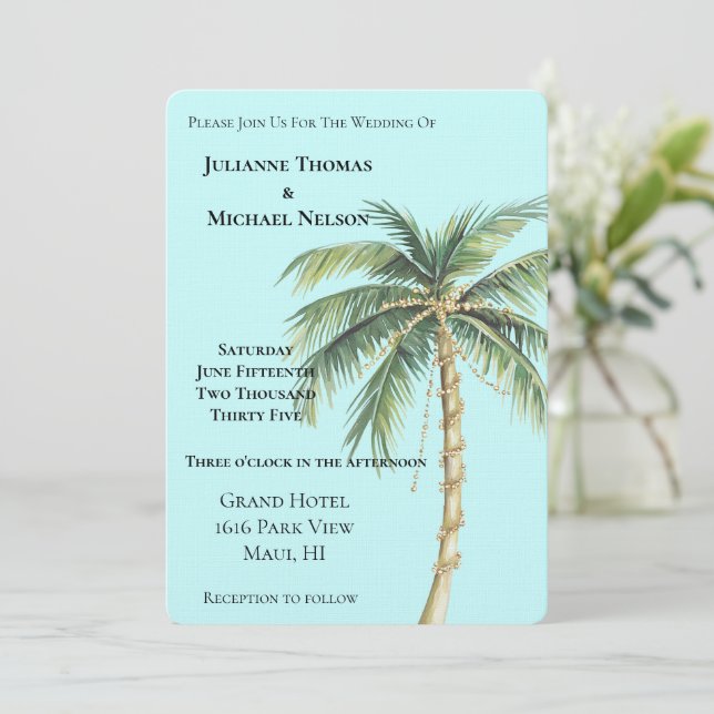 Invitación Boda del árbol de palmas tropical dorado (Anverso de pie)