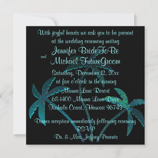 Invitación Boda del árbol de palmas turquesa tropical (Anverso)