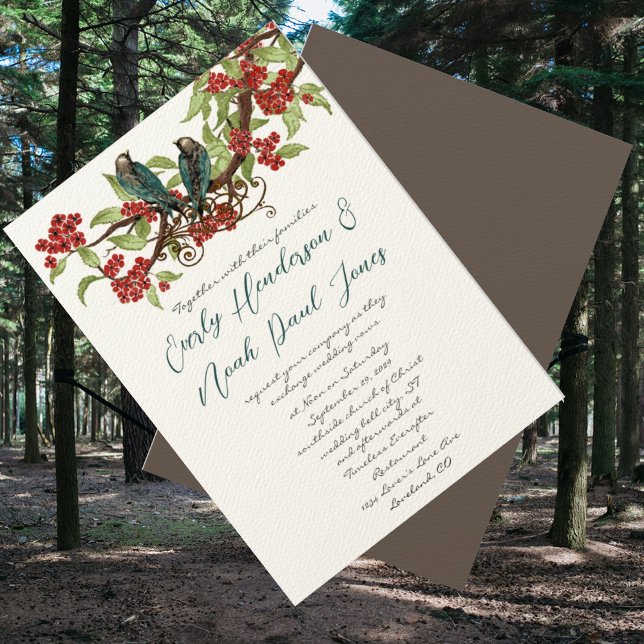 Invitación Boda del árbol florecido rojo del pájaro del amor  (Subido por el creador)