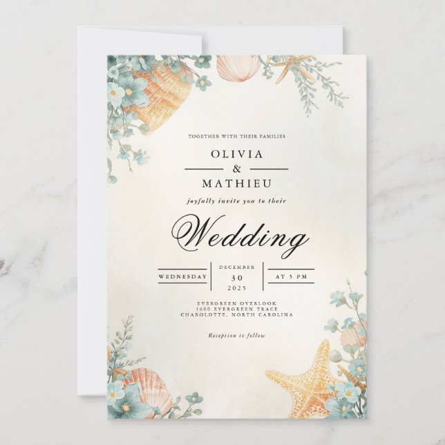 Invitación Boda del arco botánico de la concha costera (Anverso)