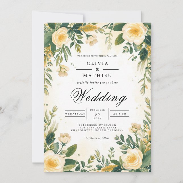 Invitación Boda del arco botánico floral amarillo suave (Anverso)